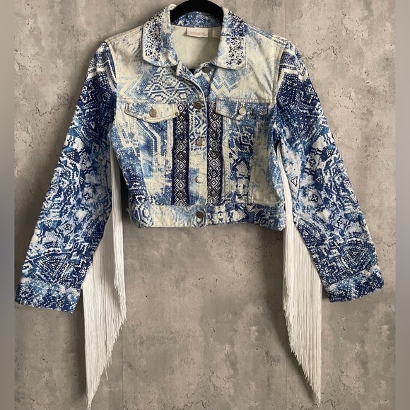 Chico’s Women’s Blue/white Jean Jacket  Artisan Pattern Beaded Fringe Crop Sz0 - Picture 10 of 10